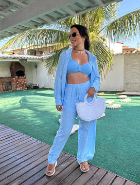 Conjunto Camisa Manga Longa e Calça Pantalona Tecido Lese Mavie | Azul