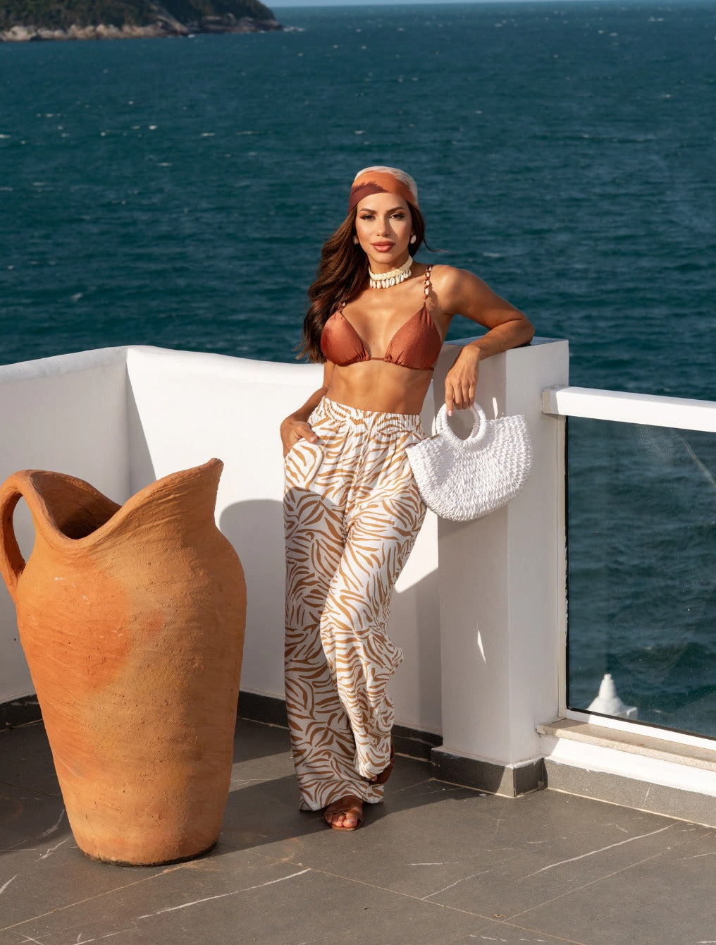 Calça De Praia Pantalona Tecido Fluído e Leve Tigre | Caramelo