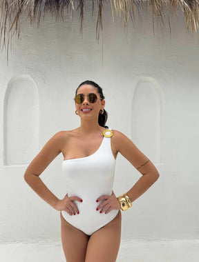 Maiô Com Passante De Um Ombro Só Tecido Acetinado Solar | Branco