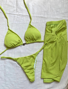 Trijunto Top Cortininha Com Bojo Calcinha Fita Saia Com Nó e Fenda Cubá | Verde