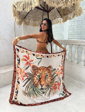 Panneaux Com Amplas Amarrações Tecido Chiffon Onça | Marrom