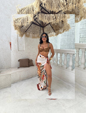 Panneaux Com Amplas Amarrações Tecido Chiffon Onça | Marrom