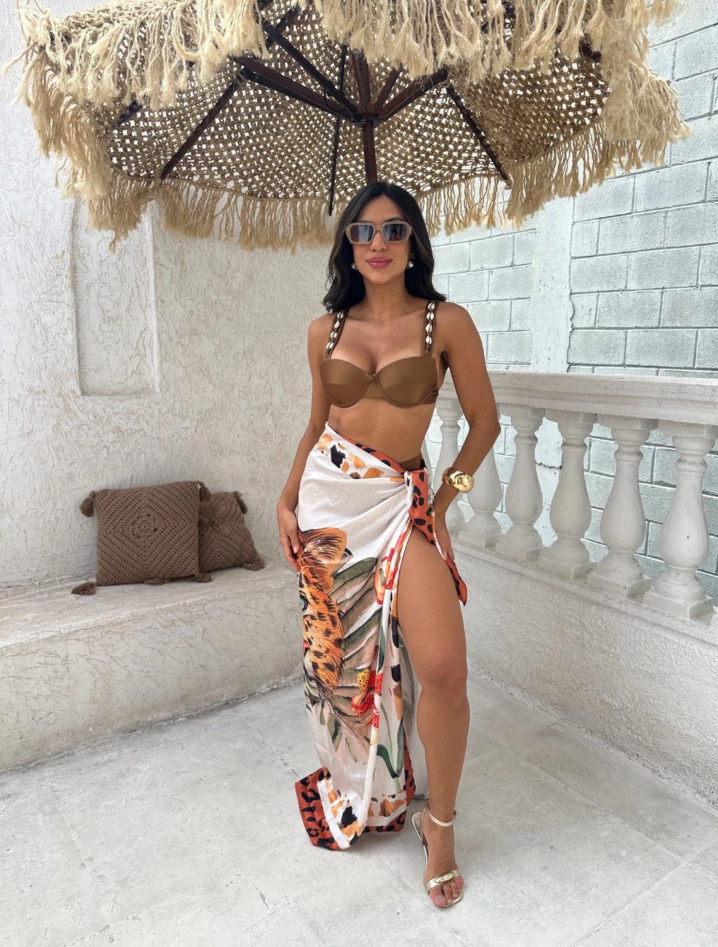 Panneaux Com Amplas Amarrações Tecido Chiffon Onça | Marrom