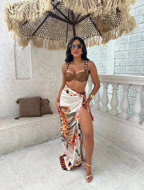 Panneaux Com Amplas Amarrações Tecido Chiffon Onça | Marrom