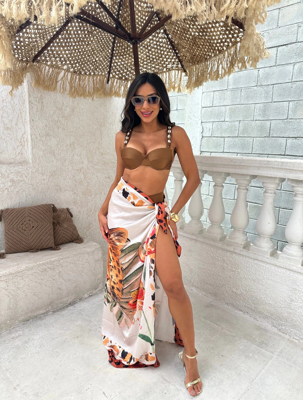 Panneaux Com Amplas Amarrações Tecido Chiffon Onça | Marrom