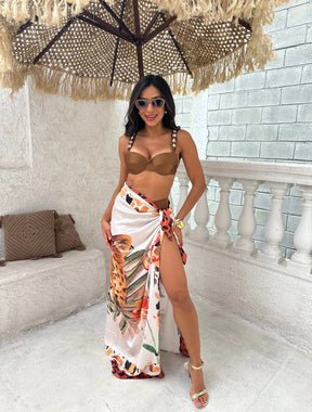 Panneaux Com Amplas Amarrações Tecido Chiffon Onça | Marrom