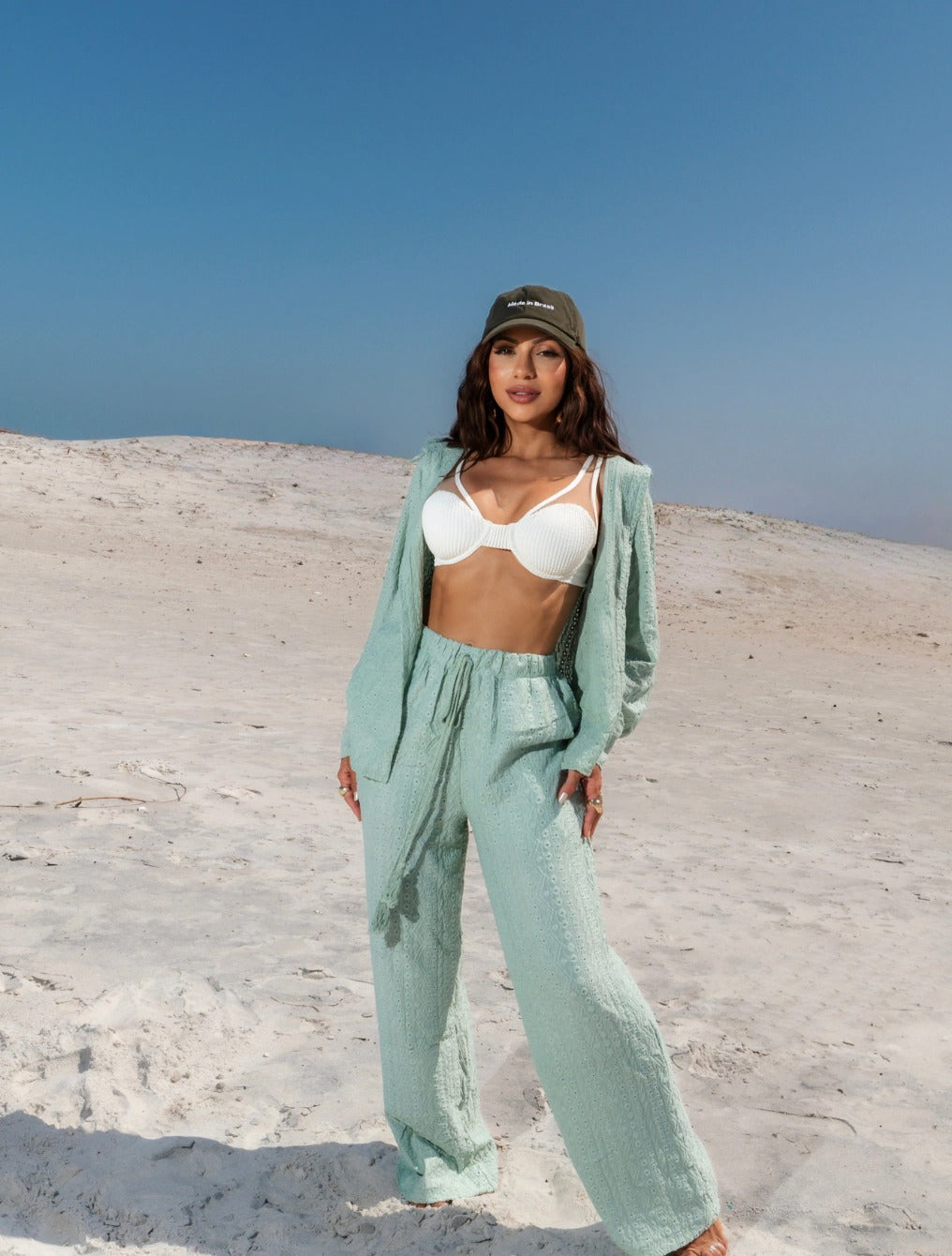 Conjunto Camisa Manga Longa e Calça Pantalona Tecido Lese Mavie | Verde Oliva