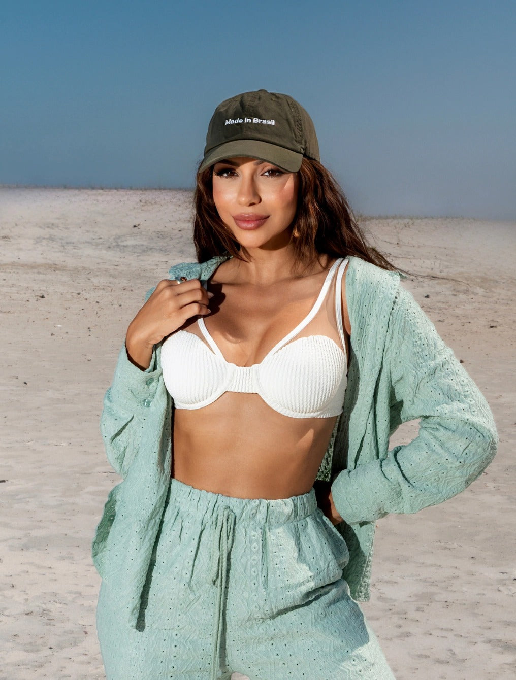 Conjunto Camisa Manga Longa e Calça Pantalona Tecido Lese Mavie | Verde Oliva