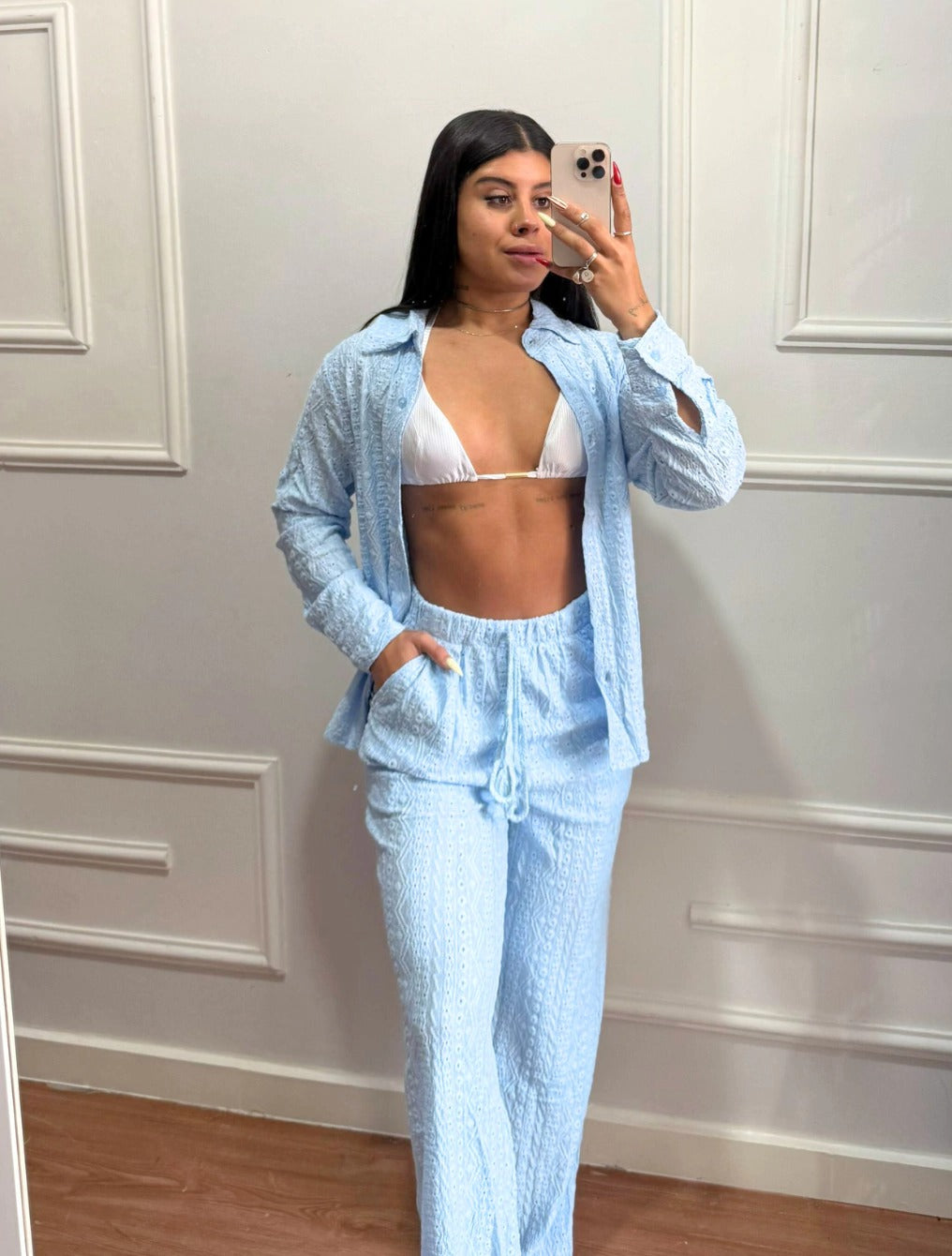 Conjunto Camisa Manga Longa e Calça Pantalona Tecido Lese Mavie | Azul