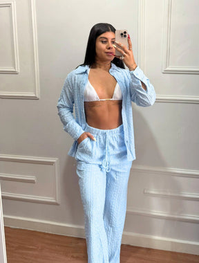 Conjunto Camisa Manga Longa e Calça Pantalona Tecido Lese Mavie | Azul