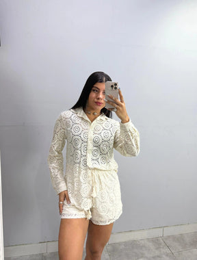Conjunto Camisa Manga Longa e Short Comprimento Médio Texturizado Eva | Off White