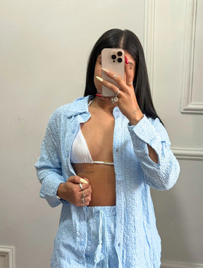 Conjunto Camisa Manga Longa e Calça Pantalona Tecido Lese Mavie | Azul