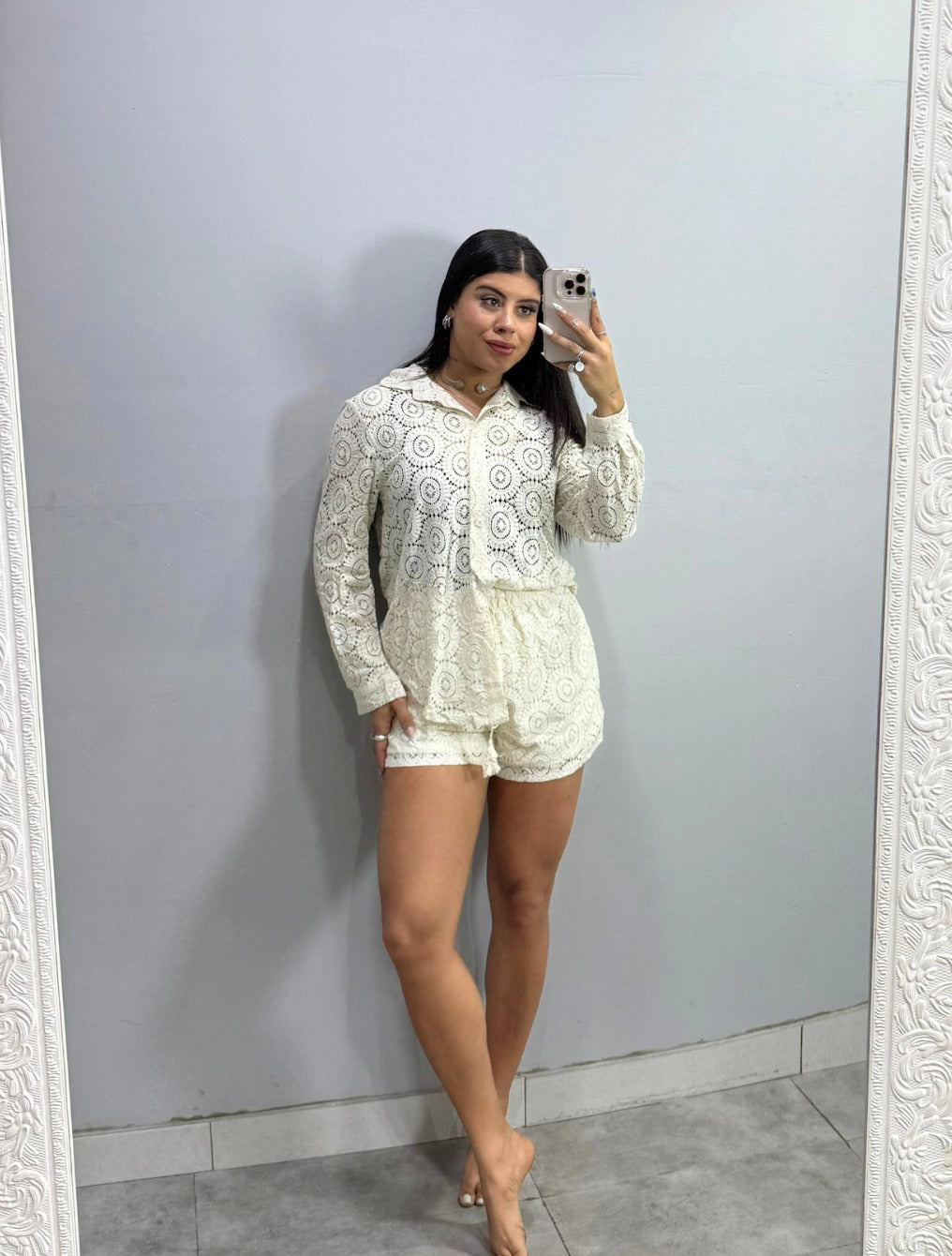 Conjunto Camisa Manga Longa e Short Comprimento Médio Texturizado Eva | Off White