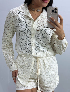 Conjunto Camisa Manga Longa e Short Comprimento Médio Texturizado Eva | Off White