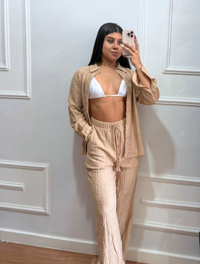 Conjunto Camisa Manga Longa e Calça Pantalona Tecido Lese Mavie | Nude