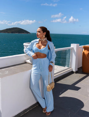 Conjunto Camisa Manga Longa e Calça Pantalona Tecido Lese Mavie | Azul