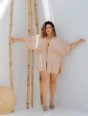 Kimono Saida de Praia Curto Aberto Com Amarração Leve Ohana | Bege