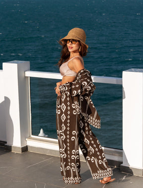 Conjunto Camisa Manga Longa e Calça Pantalona Fluida Estampada Pantera | Marrom