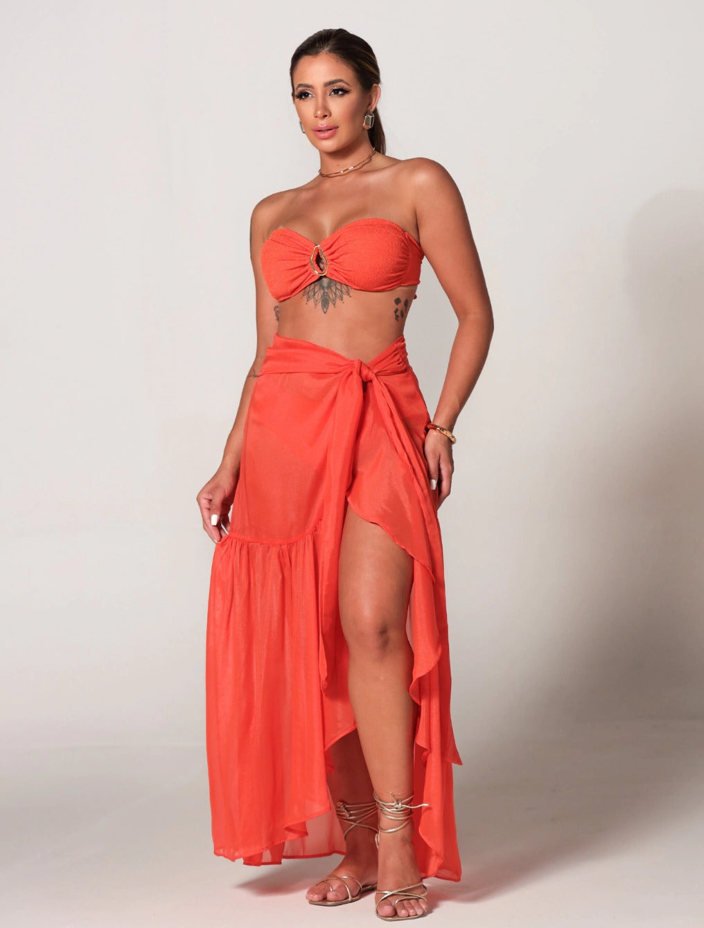 Saia Longa Com Recortes em Babados Caracol | Laranja