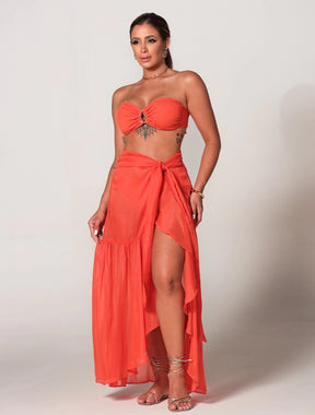 Saia Longa Com Recortes em Babados Caracol | Laranja