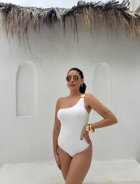 Maiô Com Passante De Um Ombro Só Tecido Acetinado Solar | Branco