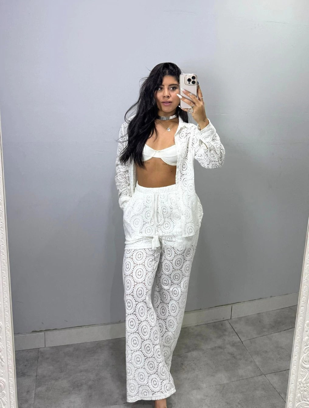 Conjunto Camisa Manga Longa e Calca Pantalona Tecido Texturizado Natalie | Branco