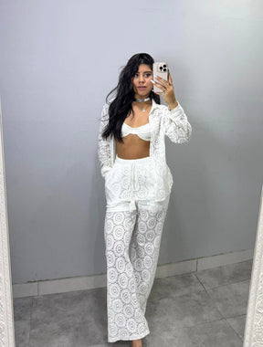 Conjunto Camisa Manga Longa e Calca Pantalona Tecido Texturizado Natalie | Branco