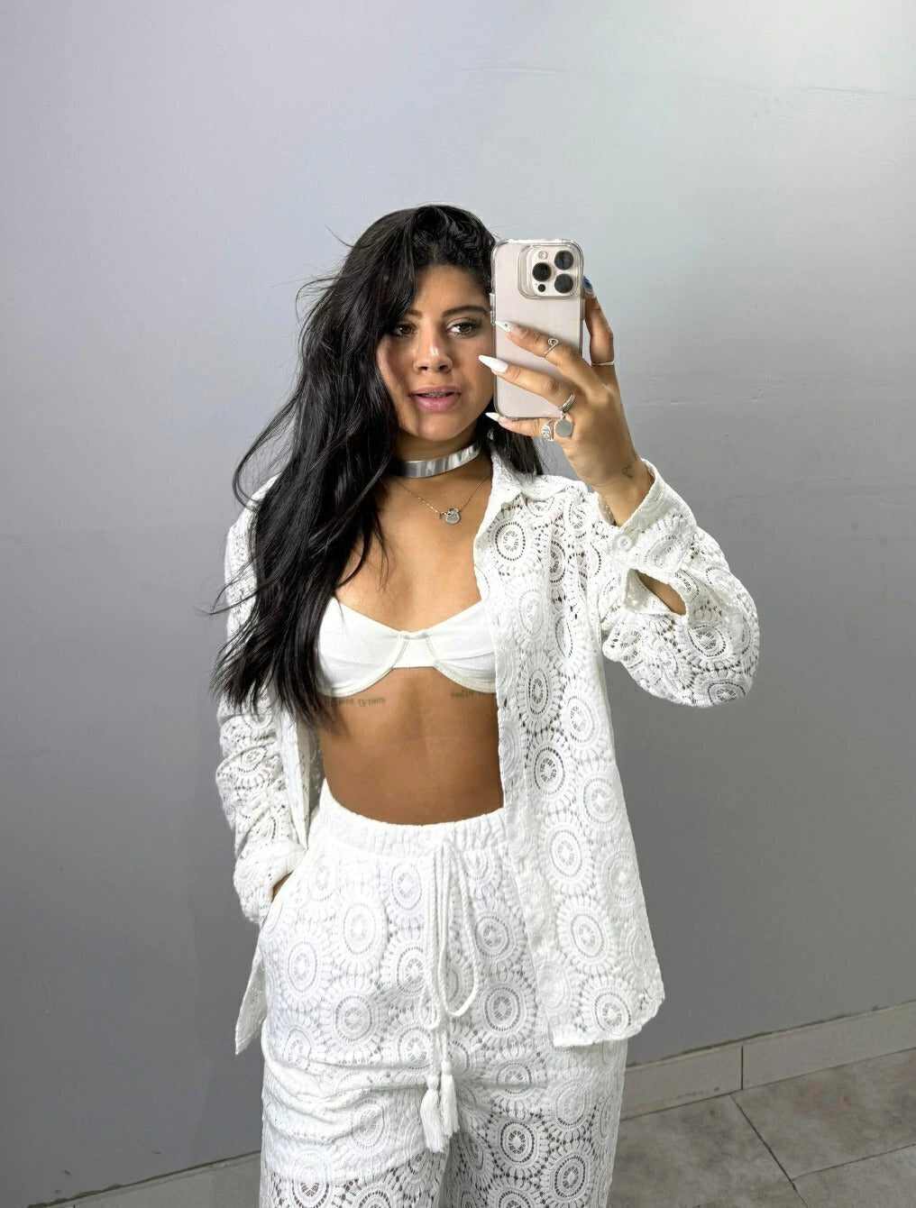 Conjunto Camisa Manga Longa e Calca Pantalona Tecido Texturizado Natalie | Branco