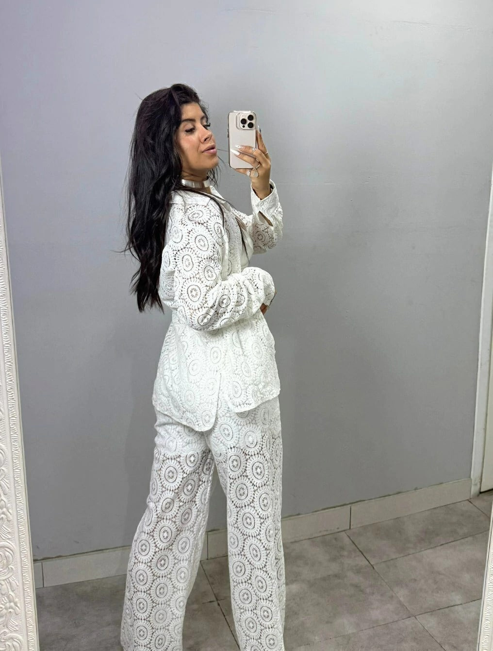 Conjunto Camisa Manga Longa e Calca Pantalona Tecido Texturizado Natalie | Branco