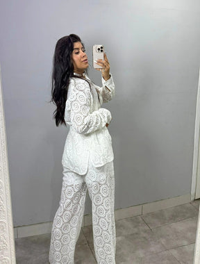 Conjunto Camisa Manga Longa e Calca Pantalona Tecido Texturizado Natalie | Branco